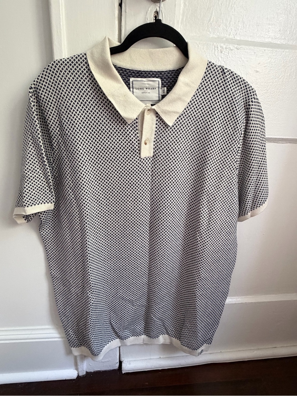 Navy & Cream Patterned Polo Shirt